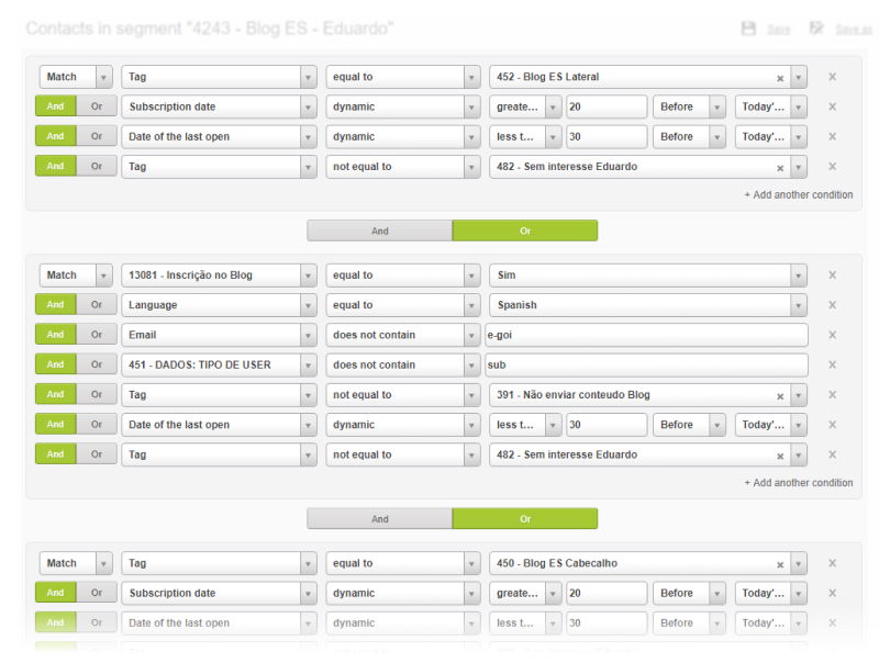 Email Marketing Segmentation - Segment Creation - Made by using multiple filters, including tags, cities, age | E-goi