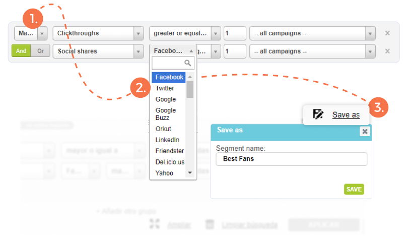 Email Marketing Segmentation - Add second filter ("and") who shared on Facebook | E-goi