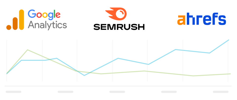 ilustração com logo de ferramentas de seo (Search Engine Optimization): google analystics, ahrefs, semrush