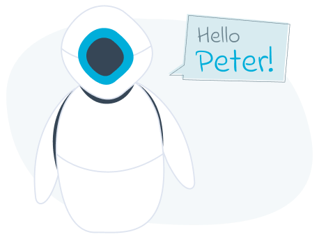 Ilustración de un robot con un globo de chat con el mensaje 'Hola Peter' | E-goi