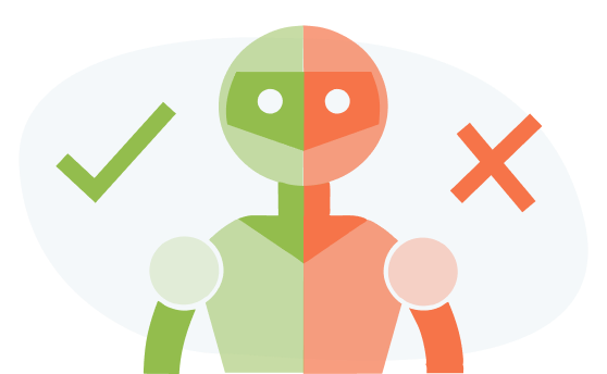 Ilustração de um robô dividido ao meio com as cores verde e laranja, representando escolhas certas e erradas. O lado verde tem um ícone de verificação, simbolizando a escolha correta, enquanto o lado laranja tem um ícone de 'X', simbolizando a escolha incorreta.