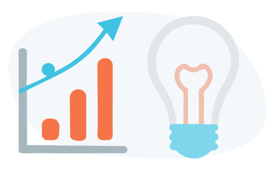 Infográfico simplificado apresentando a relação entre ideias criativas e análise de desempenho. Um gráfico de barras em crescimento ao lado de uma lâmpada simboliza a geração de ideias e a medição de resultados. Ideal para representar como a inovação e dados podem guiar decisões de negócios