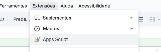 Imagem do menu Extensões -> App Script: "Configuração do script para integração E-goi Looker Studio no Google Sheets"