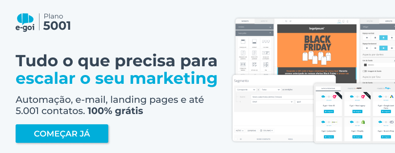 banner e-goi plano grátis 5001 com frase: Tudo o que precisa para o seu marketing. até 5001 contatos, 15,000 envios mensais e recursos premium - sem pagar nada. criar conta grátis.  