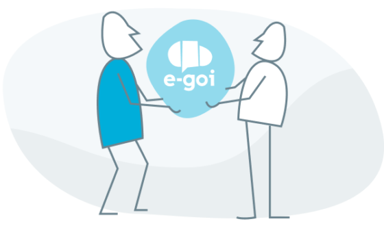 Ilustração de duas figuras segurando o logotipo da plataforma E-goi, simbolizando parceria, colaboração e automação estratégica para impulsionar o crescimento das empresas por meio de soluções integradas de marketing.