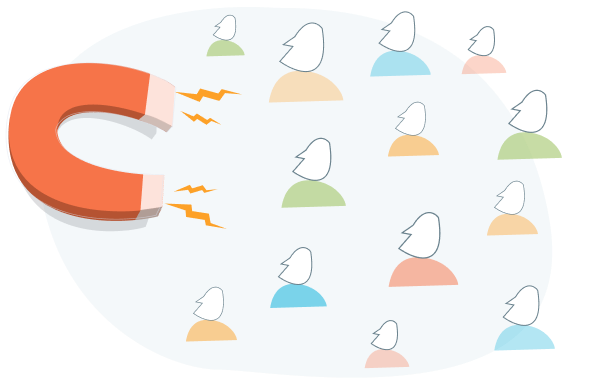 Um ímã com raios de atração à esquerda, atraindo um grupo de avatares de pessoas com cabeças e ombros em cores variadas. A cena está contida em uma forma oval suave.